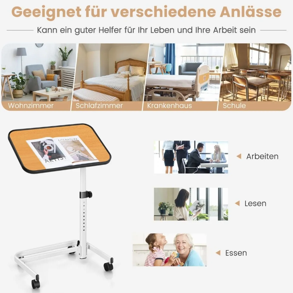 Betttisch auf Rollen höhenverstellbarer Pflegetisch mit in Mehreren Winkeln neigbarer Platte 60,5 x 40 x 73-93 cm Natur