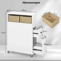 Beweglicher Badezimmerschrank mit 2 ausziehbaren Schubladen & Bürstenhalter für kleine Räume Weiß/Schwarz