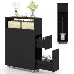 Beweglicher Badezimmerschrank mit 2 ausziehbaren Schubladen & Bürstenhalter für kleine Räume Weiß/Schwarz