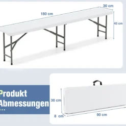 Bierbank klappbar 180 x 30 x 43cm Klappbank aus Kunststoff Bierzeltbank mit Tragegriff Weiß