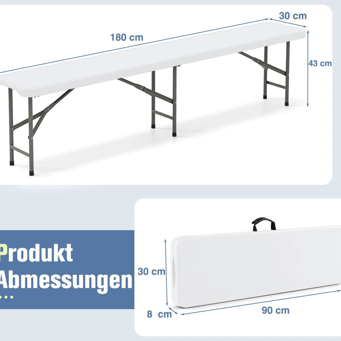 Bierbank klappbar 180 x 30 x 43cm Klappbank aus Kunststoff Bierzeltbank mit Tragegriff Weiß