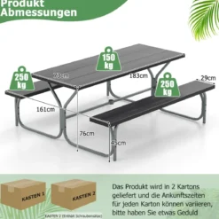 Bierzeltgarnitur mit Wetterfester HDPE-Tischplatte & Schirmloch Biertischgarnitur 183 cm Schwarz