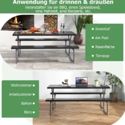 Bierzeltgarnitur mit Wetterfester HDPE-Tischplatte & Schirmloch Biertischgarnitur 183 cm Schwarz