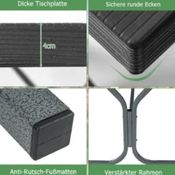Bierzeltgarnitur mit Wetterfester HDPE-Tischplatte & Schirmloch Biertischgarnitur 183 cm Schwarz