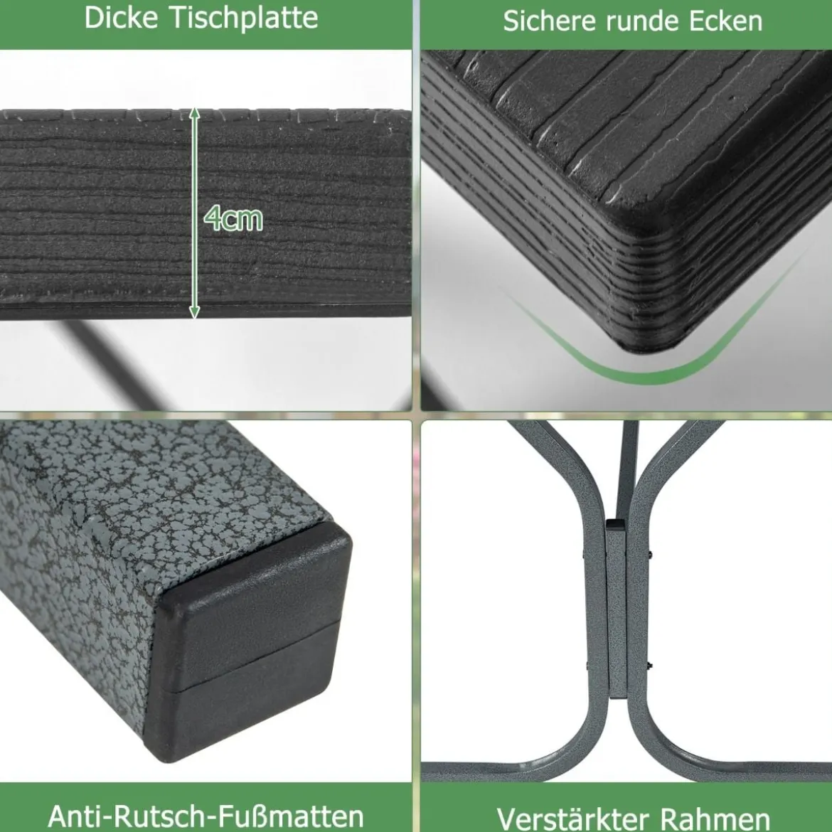 Bierzeltgarnitur mit Wetterfester HDPE-Tischplatte & Schirmloch Biertischgarnitur 183 cm Schwarz