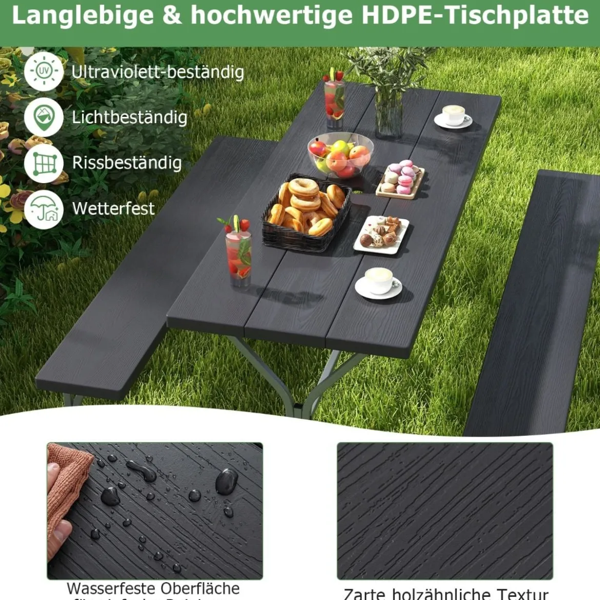 Bierzeltgarnitur mit Wetterfester HDPE-Tischplatte & Schirmloch Biertischgarnitur 183 cm Schwarz