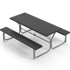 Bierzeltgarnitur mit Wetterfester HDPE-Tischplatte & Schirmloch Biertischgarnitur 183 cm Schwarz