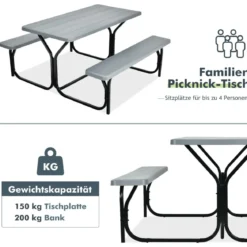 Bierzeltgarnitur Picknicktisch & 2 Sitzbänke mit Metallrahmen Grau