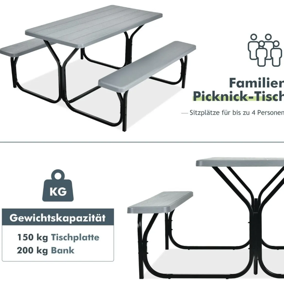 Bierzeltgarnitur Picknicktisch & 2 Sitzbänke mit Metallrahmen Grau