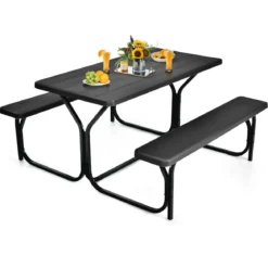 Bierzeltgarnitur Picknicktisch & 2 Sitzbänke mit Metallrahmen Schwarz