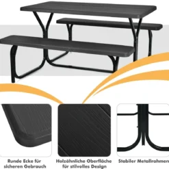 Bierzeltgarnitur Picknicktisch & 2 Sitzbänke mit Metallrahmen Schwarz