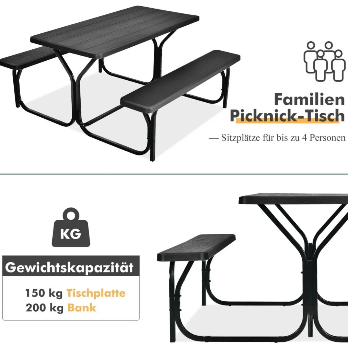Bierzeltgarnitur Picknicktisch & 2 Sitzbänke mit Metallrahmen Schwarz