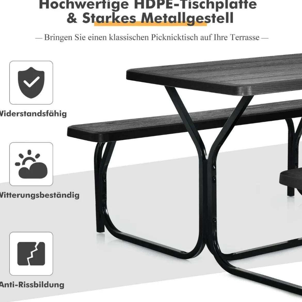 Bierzeltgarnitur Picknicktisch & 2 Sitzbänke mit Metallrahmen Schwarz