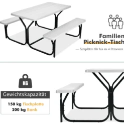 Bierzeltgarnitur Picknicktisch & 2 Sitzbänke mit Metallrahmen Weiß