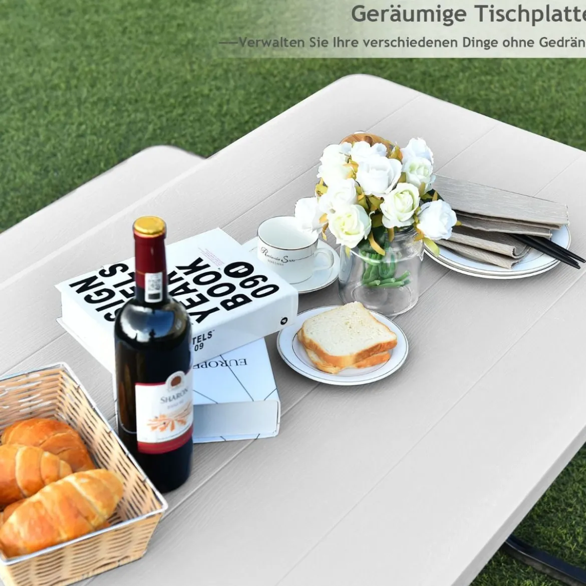 Bierzeltgarnitur Picknicktisch & 2 Sitzbänke mit Metallrahmen Weiß