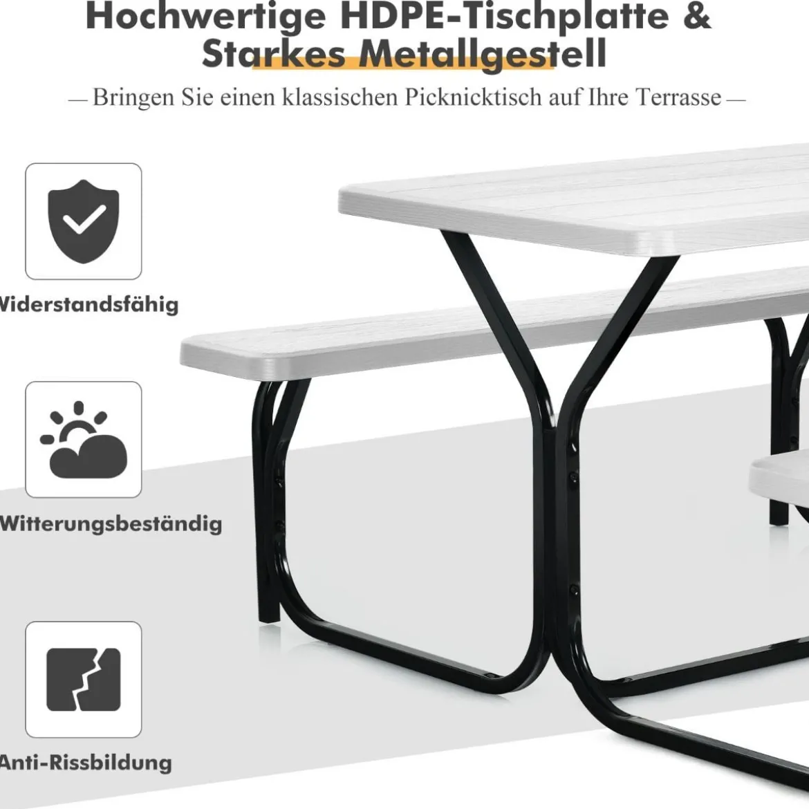 Bierzeltgarnitur Picknicktisch & 2 Sitzbänke mit Metallrahmen Weiß