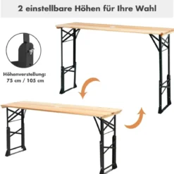 Bierzelttisch höhenverstellbar klappbarer Biertisch mit Schirmloch 168,5 x 50 x 75 cm/105 cm Natur
