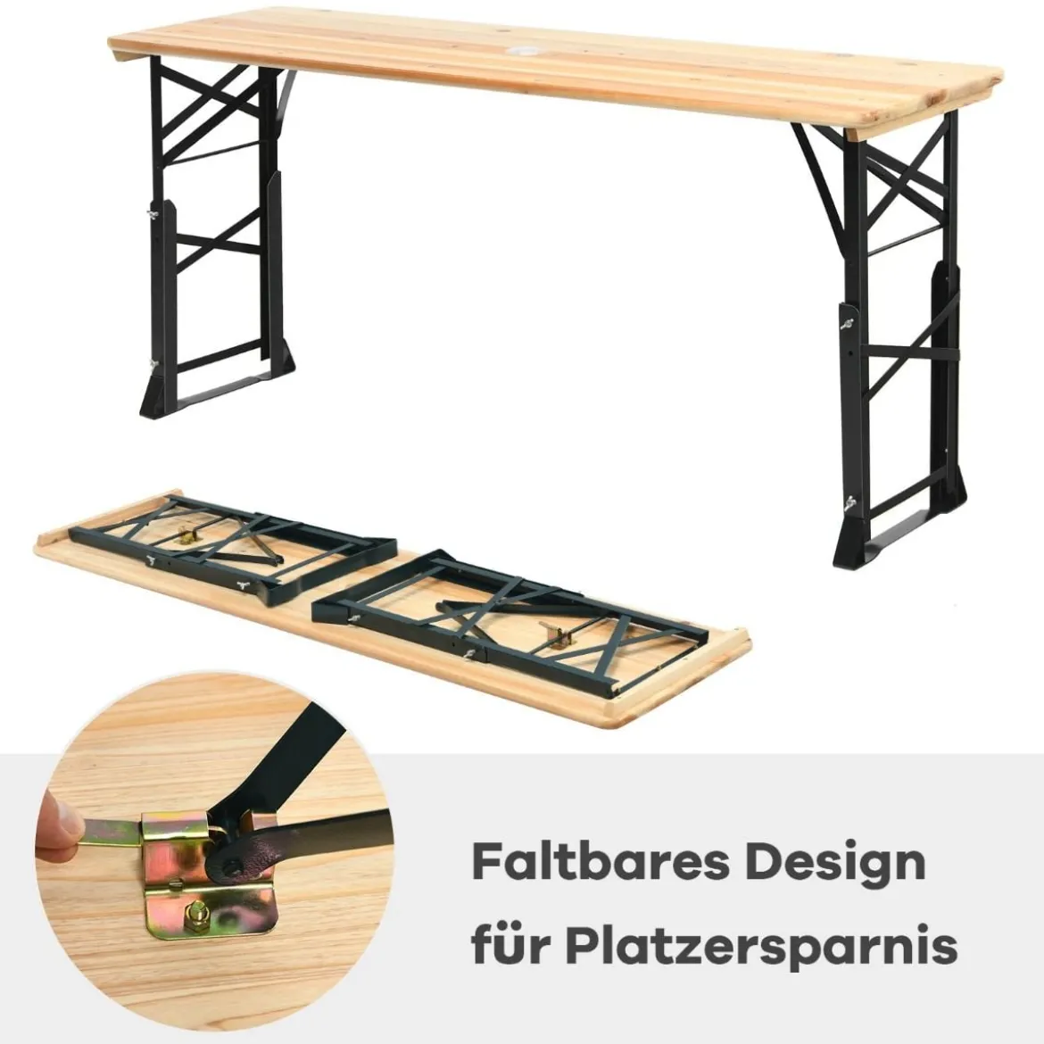 Bierzelttisch höhenverstellbar klappbarer Biertisch mit Schirmloch 168,5 x 50 x 75 cm/105 cm Natur
