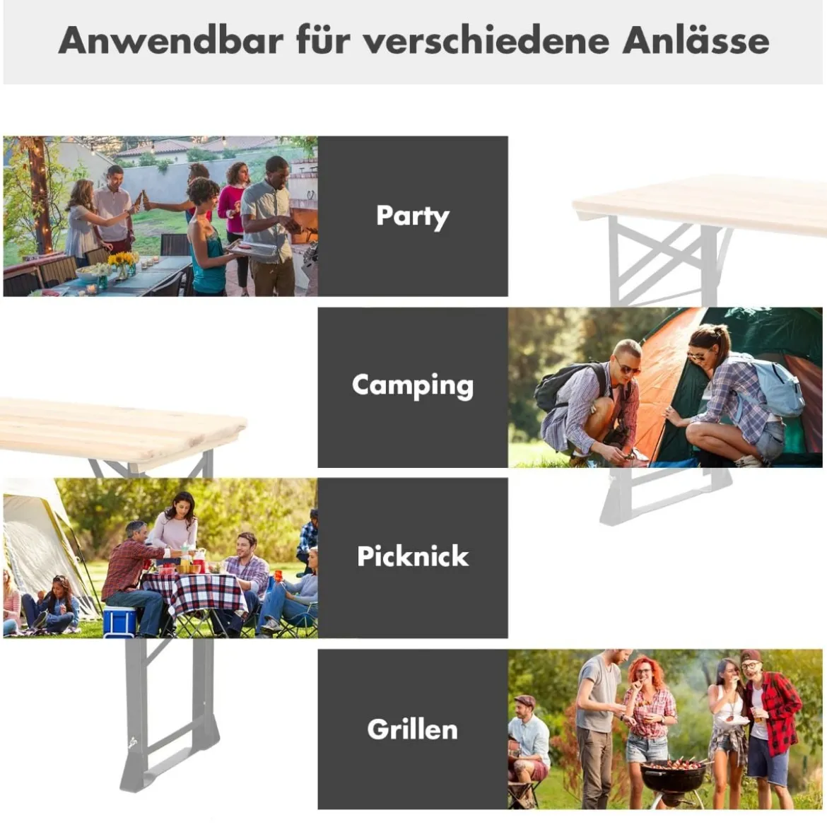 Bierzelttisch höhenverstellbar klappbarer Biertisch mit Schirmloch 168,5 x 50 x 75 cm/105 cm Natur