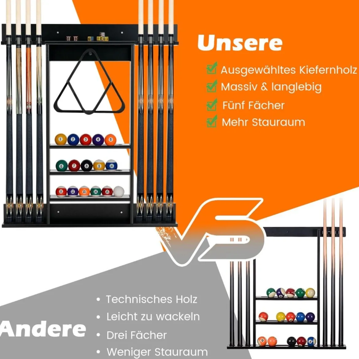 Billard Queue Halter Wandmontage Wandqueuehalter Kiefernholz für 8 Queues