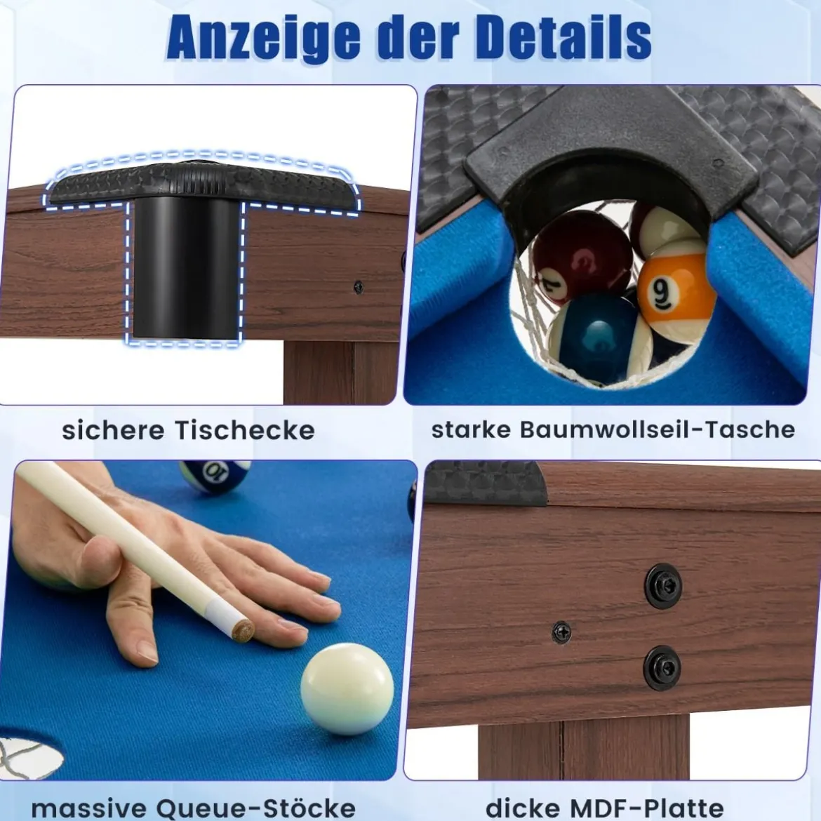 Billardtisch aus Holz mit 2 Queues 2 Kreiden & Dreieck & Bürste Billlard Tisch Tischbillard