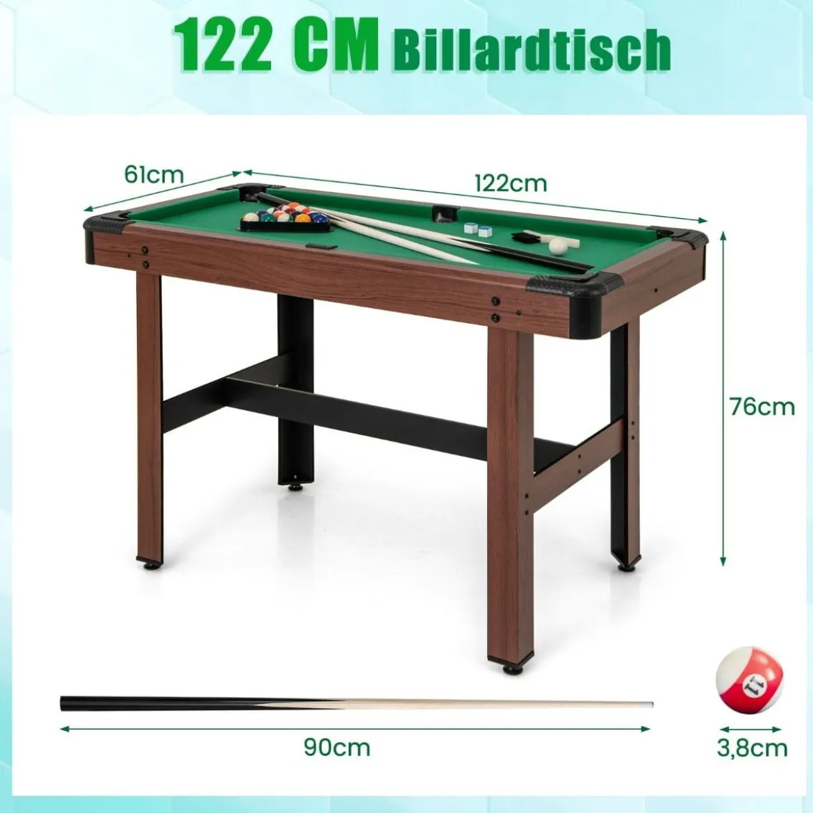 Billardtisch aus Holz mit 2 Queues 2 Kreiden & Dreieck & Bürste Billlard Tisch Tischbillard