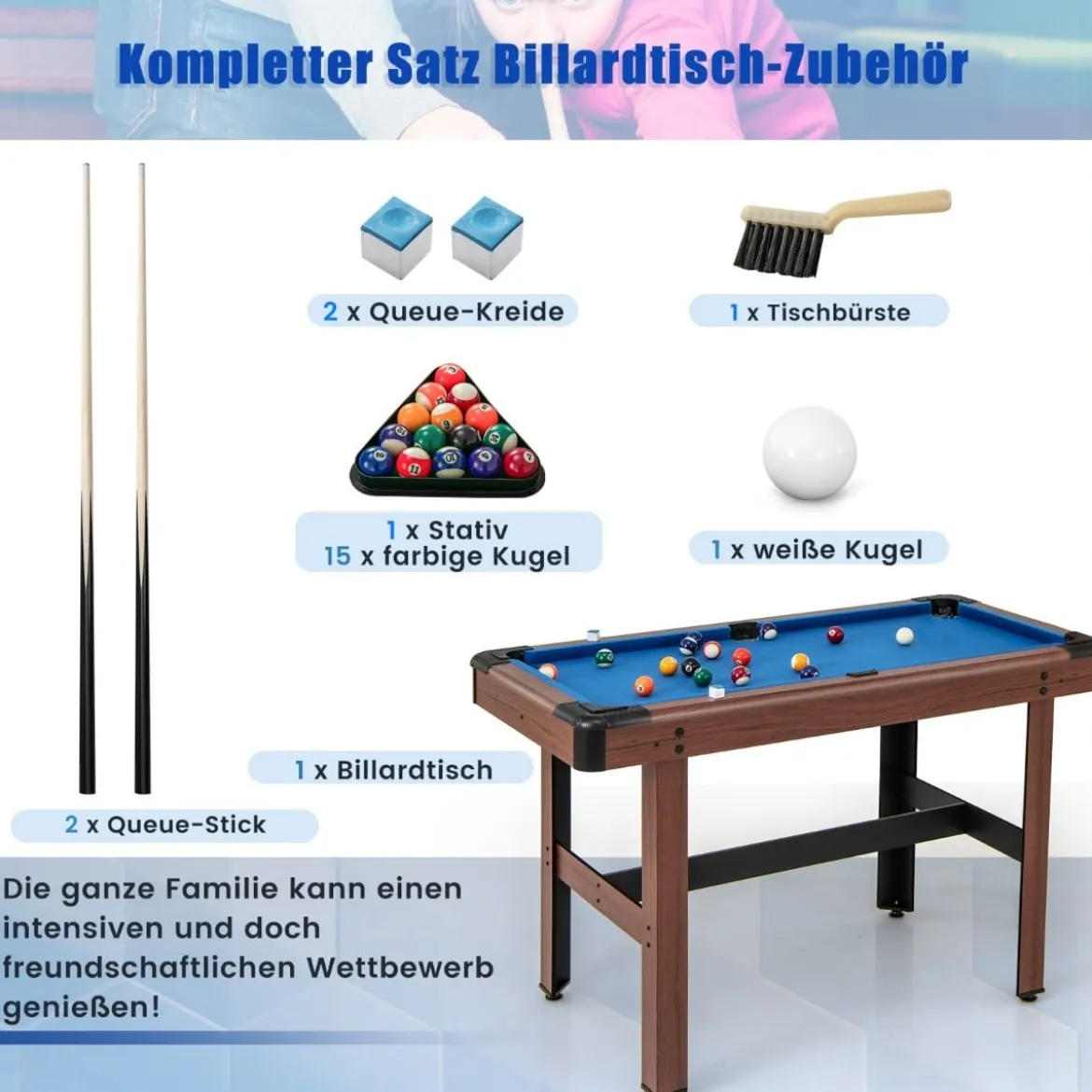Billardtisch aus Holz mit 2 Queues 2 Kreiden & Dreieck & Bürste Billlard Tisch Tischbillard