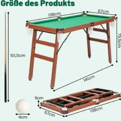 Billardtisch Klappbar Billiard Tisch inkl. 2 Queues 16 Billard 2 Kreiden 138 x 67 x 79,5 cm