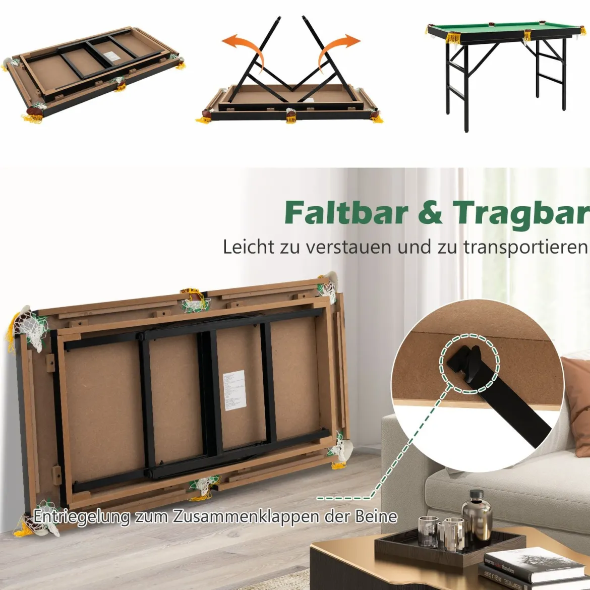 Billardtisch klappbar Billiard Tisch mit Zubehörset Pooltisch mit 2 Queues 2 Kreiden Dreieck & Bürste 122 x 64 x 78 cm Grün