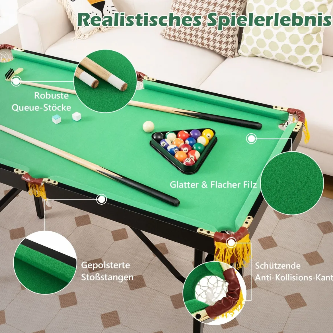 Billardtisch klappbar Billiard Tisch mit Zubehörset Pooltisch mit 2 Queues 2 Kreiden Dreieck & Bürste 122 x 64 x 78 cm Grün