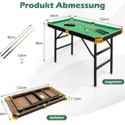 Billardtisch klappbar Billiard Tisch mit Zubehörset Pooltisch mit 2 Queues 2 Kreiden Dreieck & Bürste 122 x 64 x 78 cm Grün