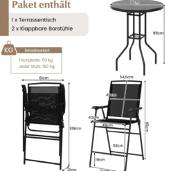 Bistrotisch mit 2 Klappbaren Stühlen & Schirmloch 3-tlg. Outdoor Barhocker Set Balkonmöbel