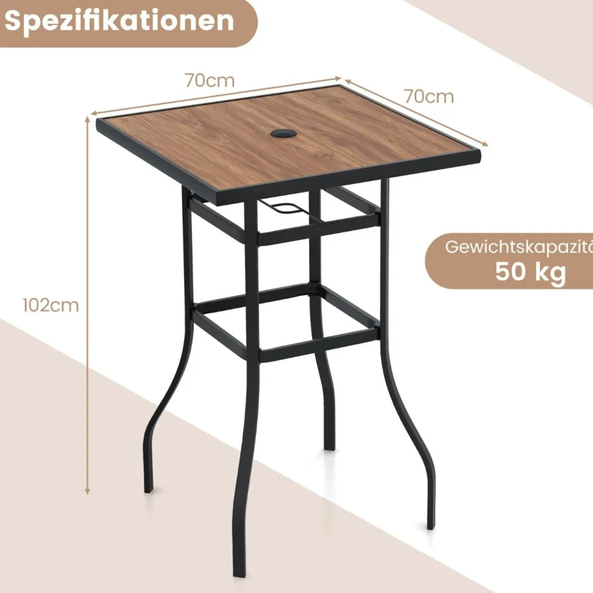 Bistrotisch mit Schirmloch & Tischplatte in Holzoptik Gartentisch Quadratischer Balkontisch