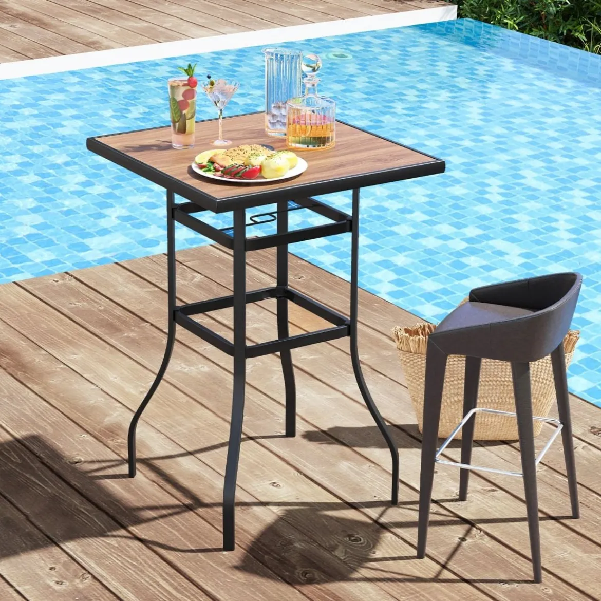 Bistrotisch mit Schirmloch & Tischplatte in Holzoptik Gartentisch Quadratischer Balkontisch