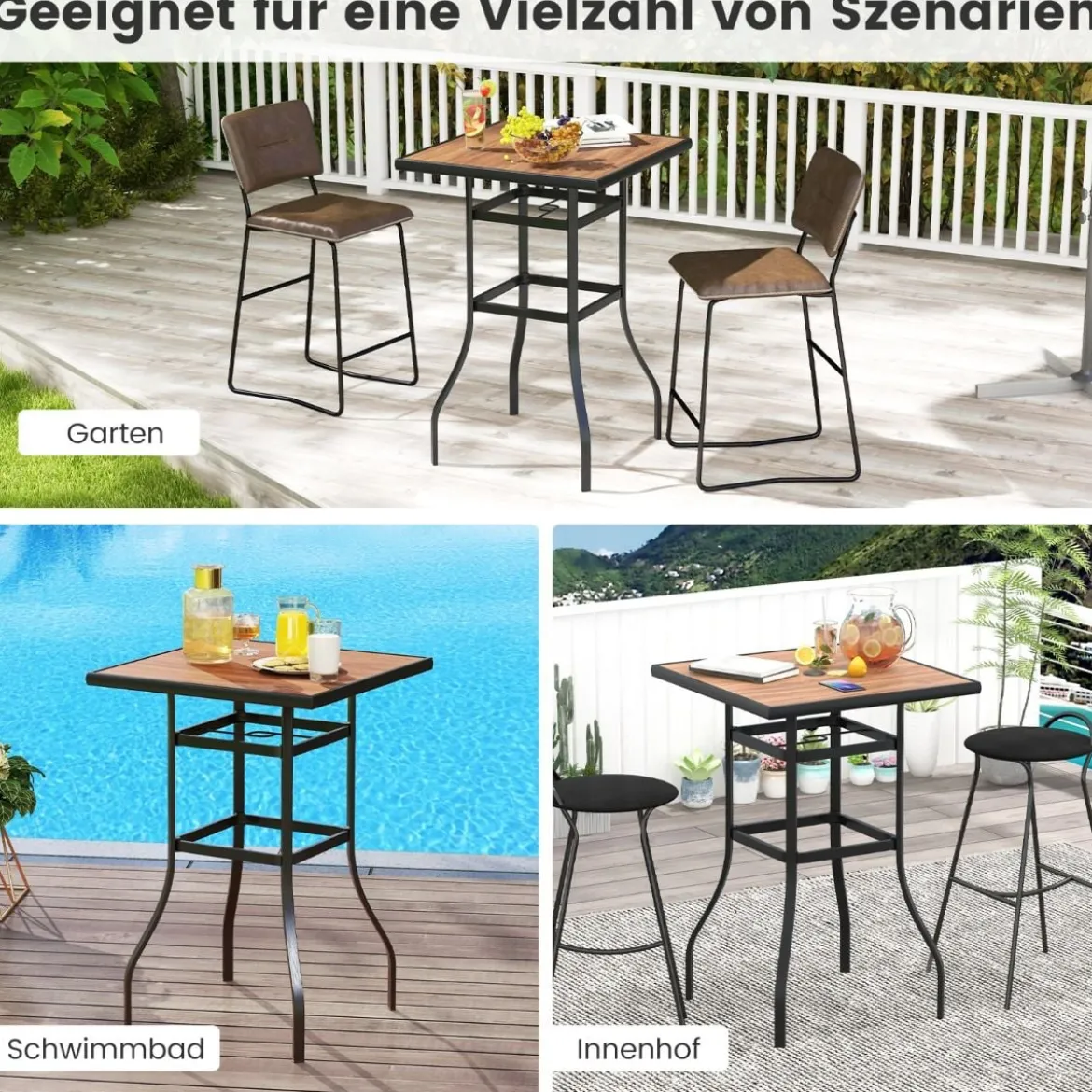 Bistrotisch mit Schirmloch & Tischplatte in Holzoptik Gartentisch Quadratischer Balkontisch