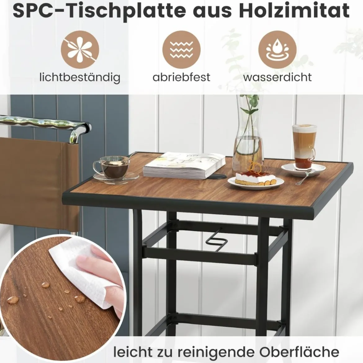 Bistrotisch mit Schirmloch & Tischplatte in Holzoptik Gartentisch Quadratischer Balkontisch