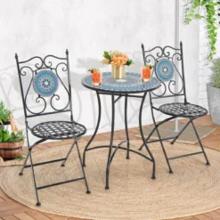 Bistrotisch mit 2 Stühlen Mosaik Bistroset klappbar 3-teiliges Balkonset Blau