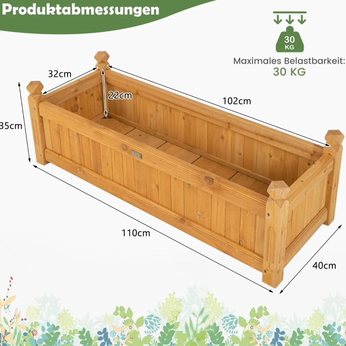 Blumenkasten aus Tannenholz Pflanzkasten mit 4-Ecken-Entwässerung 110 x 40 x 35 cm