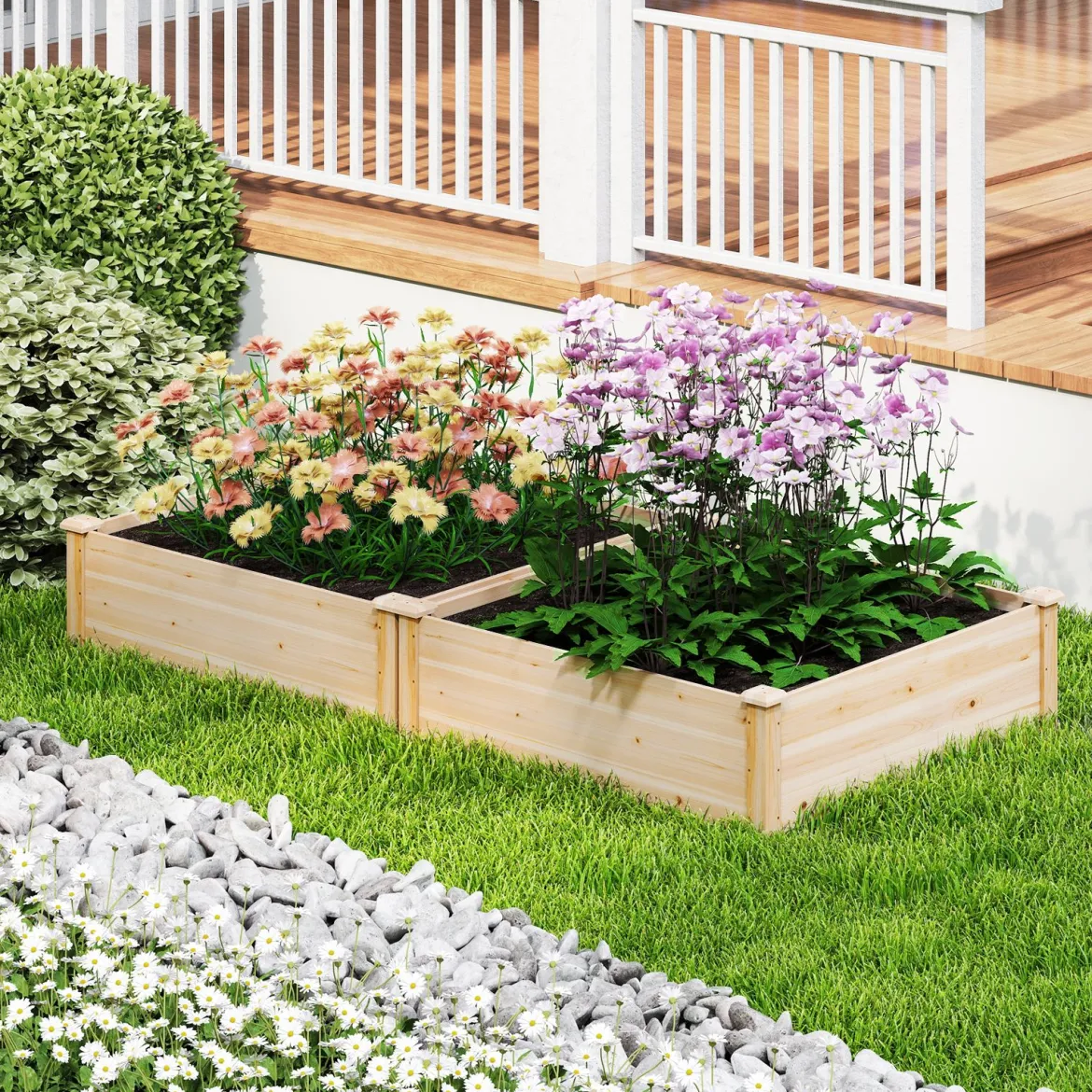 Blumenkasten Hochbeet Holz Pflanzkasten quadratisch Gartenbeet mit offenem Boden Pflanzbeet für Garten Rasen Terrasse Balkon 102 x 102 x 30 cm Natur