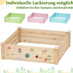 Blumenkasten Hochbeet Holz Pflanzkasten quadratisch Gartenbeet mit offenem Boden Pflanzbeet für Garten Rasen Terrasse Balkon 102 x 102 x 30 cm Natur