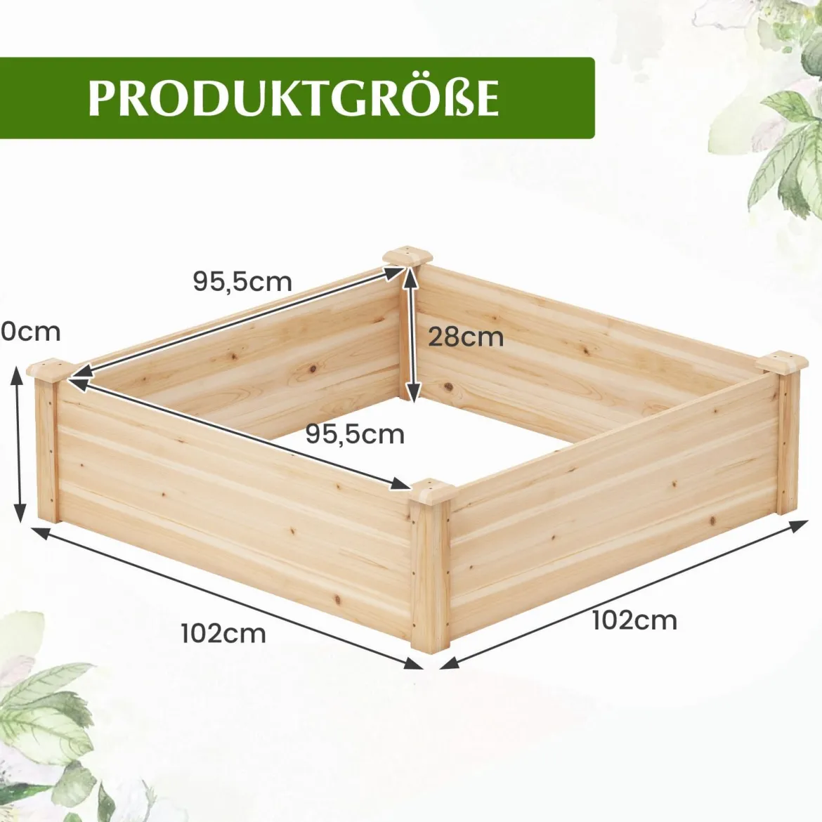 Blumenkasten Hochbeet Holz Pflanzkasten quadratisch Gartenbeet mit offenem Boden Pflanzbeet für Garten Rasen Terrasse Balkon 102 x 102 x 30 cm Natur