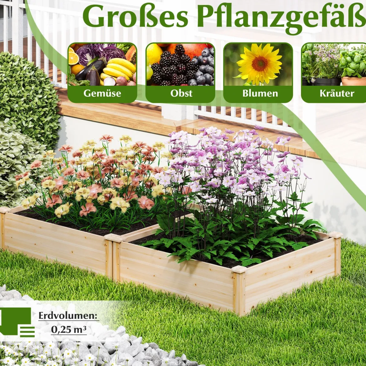 Blumenkasten Hochbeet Holz Pflanzkasten quadratisch Gartenbeet mit offenem Boden Pflanzbeet für Garten Rasen Terrasse Balkon 102 x 102 x 30 cm Natur
