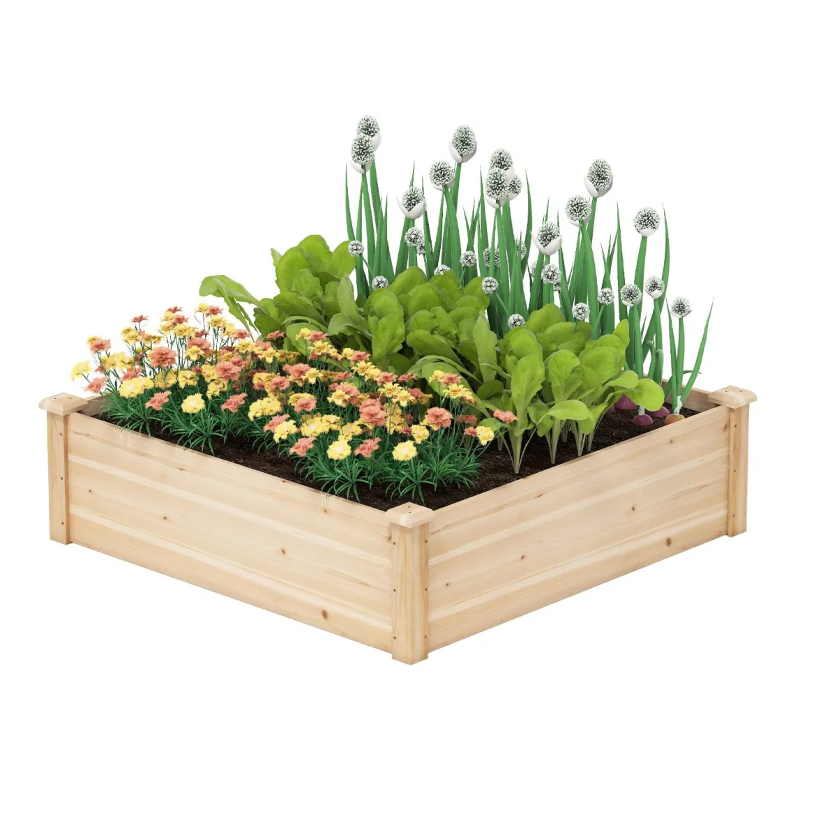 Blumenkasten Hochbeet Holz Pflanzkasten quadratisch Gartenbeet mit offenem Boden Pflanzbeet für Garten Rasen Terrasse Balkon 102 x 102 x 30 cm Natur