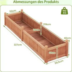 Blumenkasten Hochbeet Holz Pflanzkasten mit Trennwand Entwässerungslöchern & Vliesstofffolie Gartenbeet Pflanzbeet 227 x 59,5 x 40 cm Braun