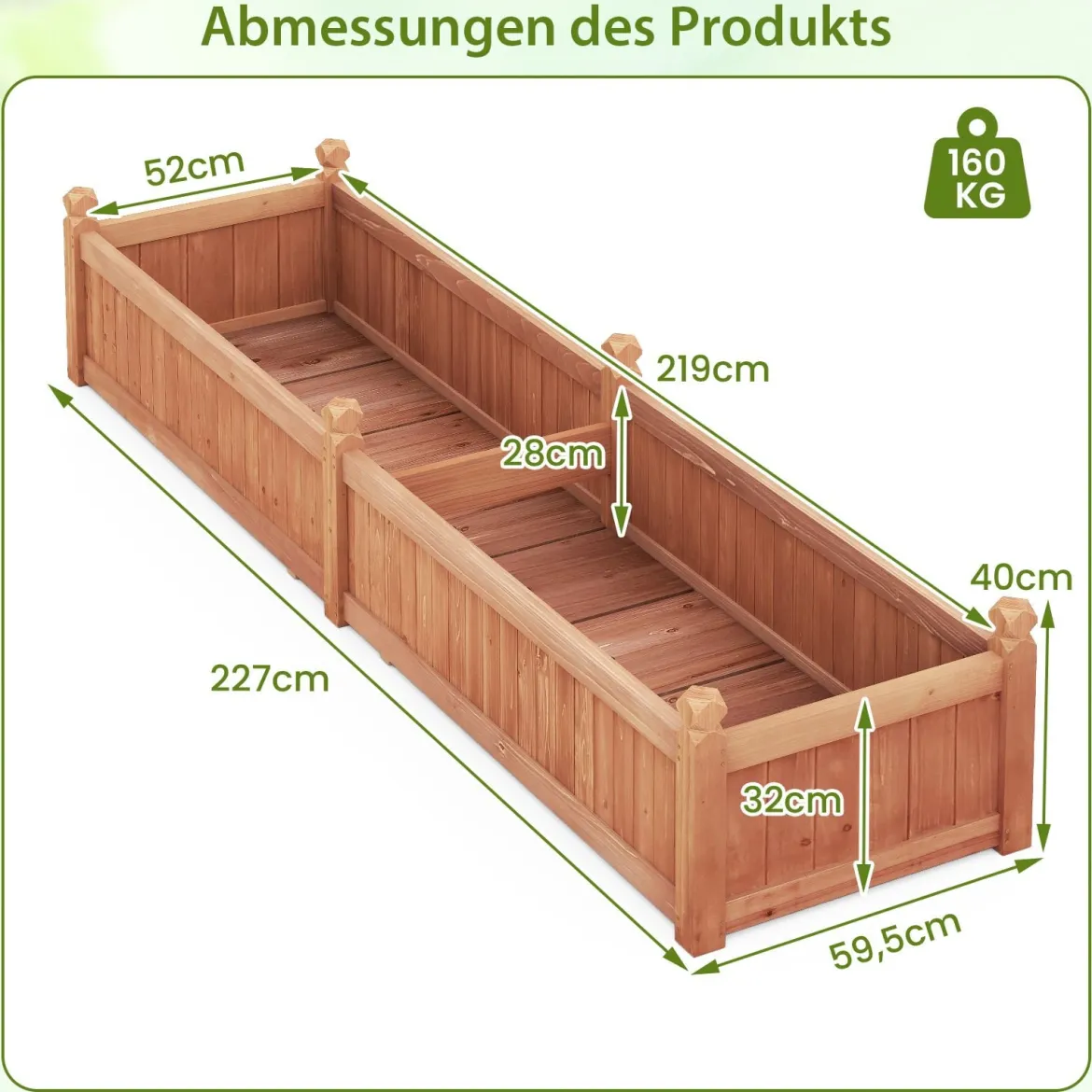 Blumenkasten Hochbeet Holz Pflanzkasten mit Trennwand Entwässerungslöchern & Vliesstofffolie Gartenbeet Pflanzbeet 227 x 59,5 x 40 cm Braun