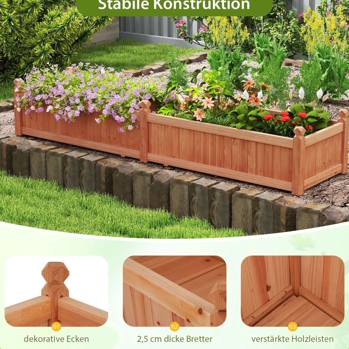 Blumenkasten Hochbeet Holz Pflanzkasten mit Trennwand Entwässerungslöchern & Vliesstofffolie Gartenbeet Pflanzbeet 227 x 59,5 x 40 cm Braun