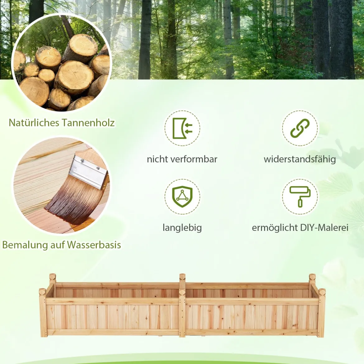 Blumenkasten Hochbeet Holz Pflanzkasten mit Trennwand Entwässerungslöchern & Vliesstofffolie Gartenbeet Pflanzbeet 227 x 59,5 x 40 cm Natur