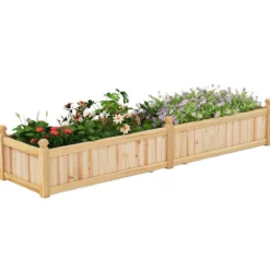 Blumenkasten Hochbeet Holz Pflanzkasten mit Trennwand Entwässerungslöchern & Vliesstofffolie Gartenbeet Pflanzbeet 227 x 59,5 x 40 cm Natur