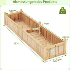Blumenkasten Hochbeet Holz Pflanzkasten mit Trennwand Entwässerungslöchern & Vliesstofffolie Gartenbeet Pflanzbeet 227 x 59,5 x 40 cm Natur