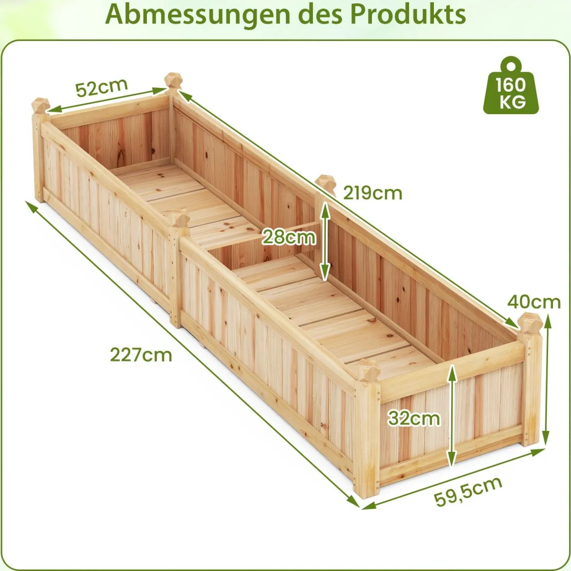 Blumenkasten Hochbeet Holz Pflanzkasten mit Trennwand Entwässerungslöchern & Vliesstofffolie Gartenbeet Pflanzbeet 227 x 59,5 x 40 cm Natur